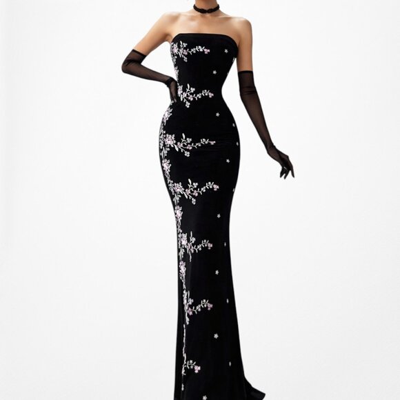 Vintage Black Strapless Velvet Floral Embroidered Maxi Bodycon Slit Dress S/M/L - Picture 3 of 9